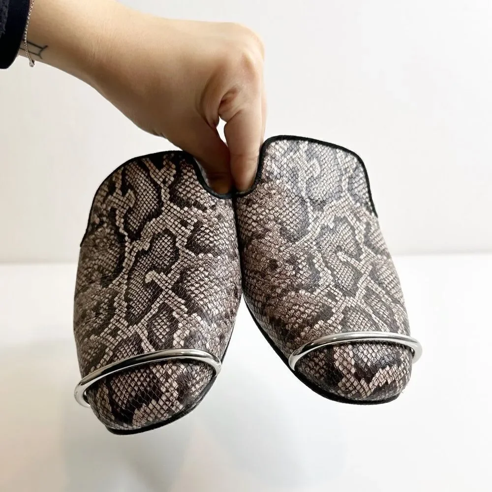 Alexander Wang Jaelle Snakeskin Leather Flat Mules Beige Brown Women's 37.5 - Picture 2 of 8